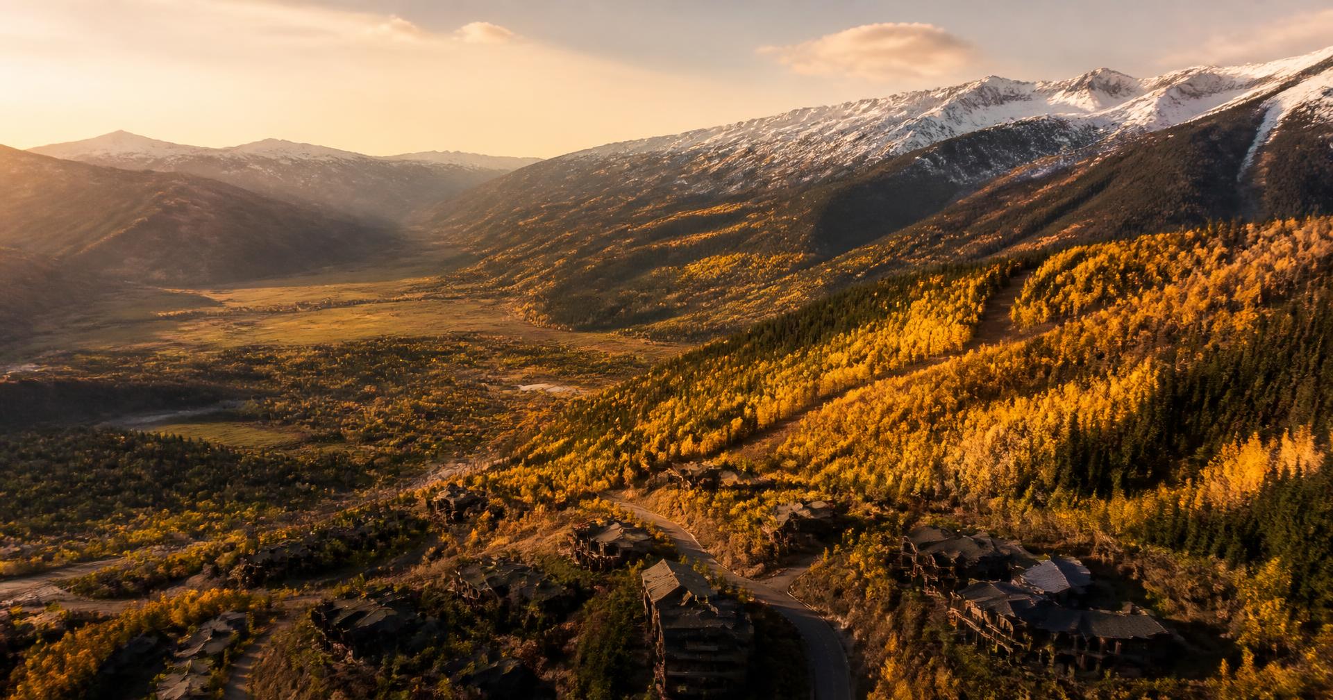 Aerial view of the Roaring Fork Valley at golden hour